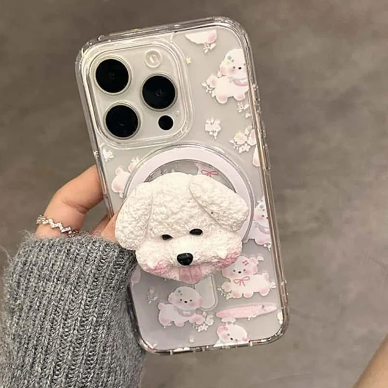 Korean Cute Little Dog Magnetic Socket Grip Phone Holder For iPhone 17 16 15 Pro Max For Samsung For Pad Magsafe Smart Tok