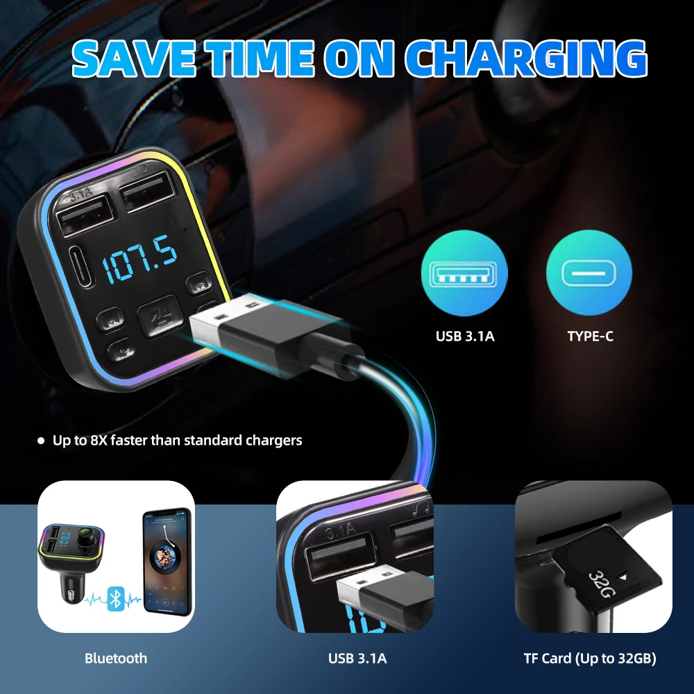 Transmisor FM Bluetooth 5,0 para coche PD tipo C Dual USB 3.1A cargador rápido luz ambiental colorida reproductor modulador MP3 manos libres - imagen 3