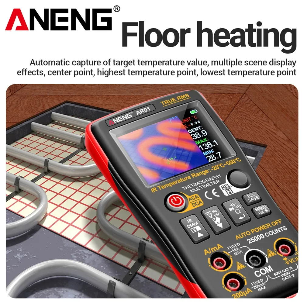 Multímetro de cámara térmica con cámara IR, 25000 recuentos ANENG AR01, herramientas de prueba de ohmios de corriente de voltaje CA/CC inteligente, resolución de 320x240 - imagen 3