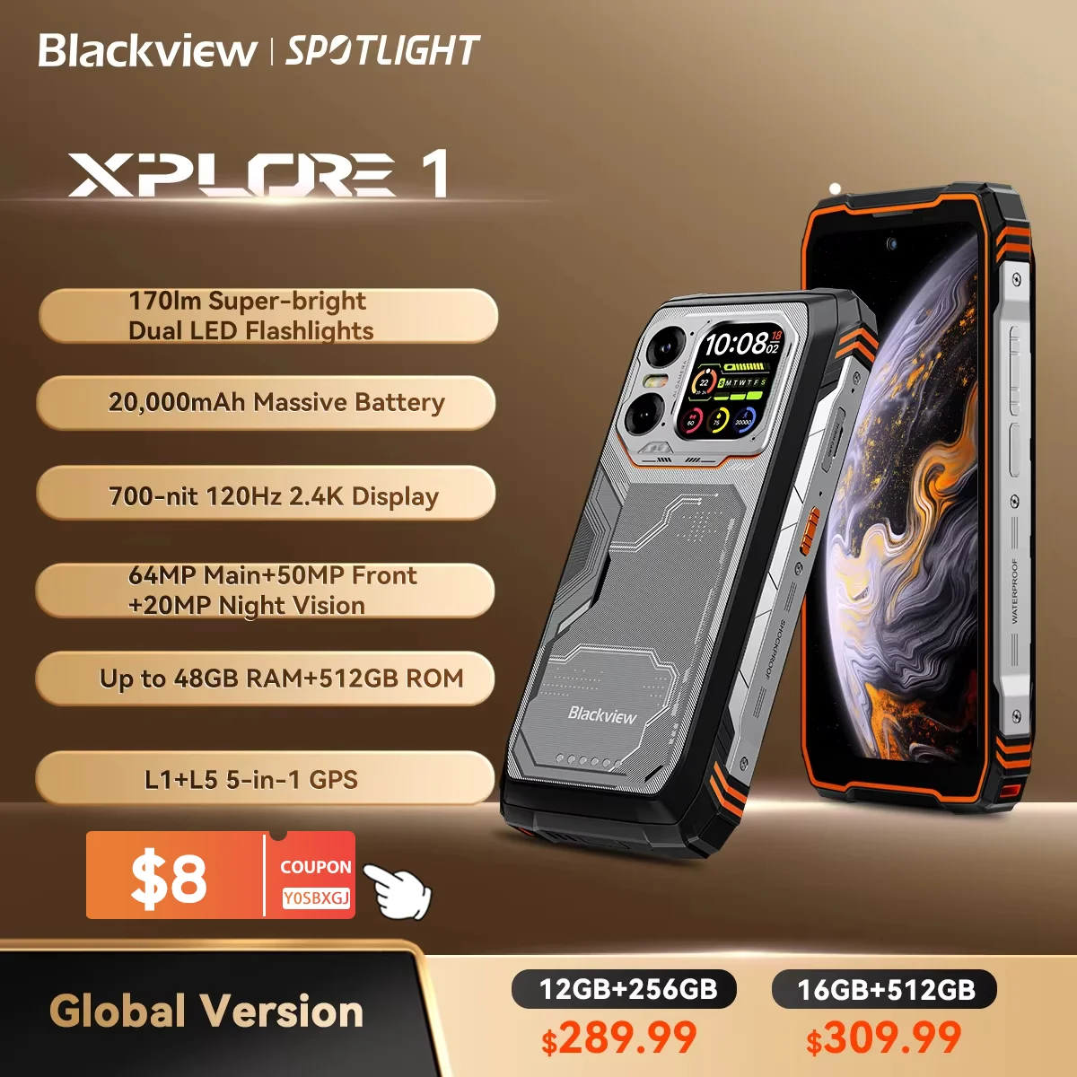 Blackview XPLORE 1 Teléfono móvil para exteriores, teléfono inteligente resistente resistente al agua 5G Android 15, pantalla de 6,78 pulgadas 2,4 K, 16 GB + 512 GB, 20000 mAh