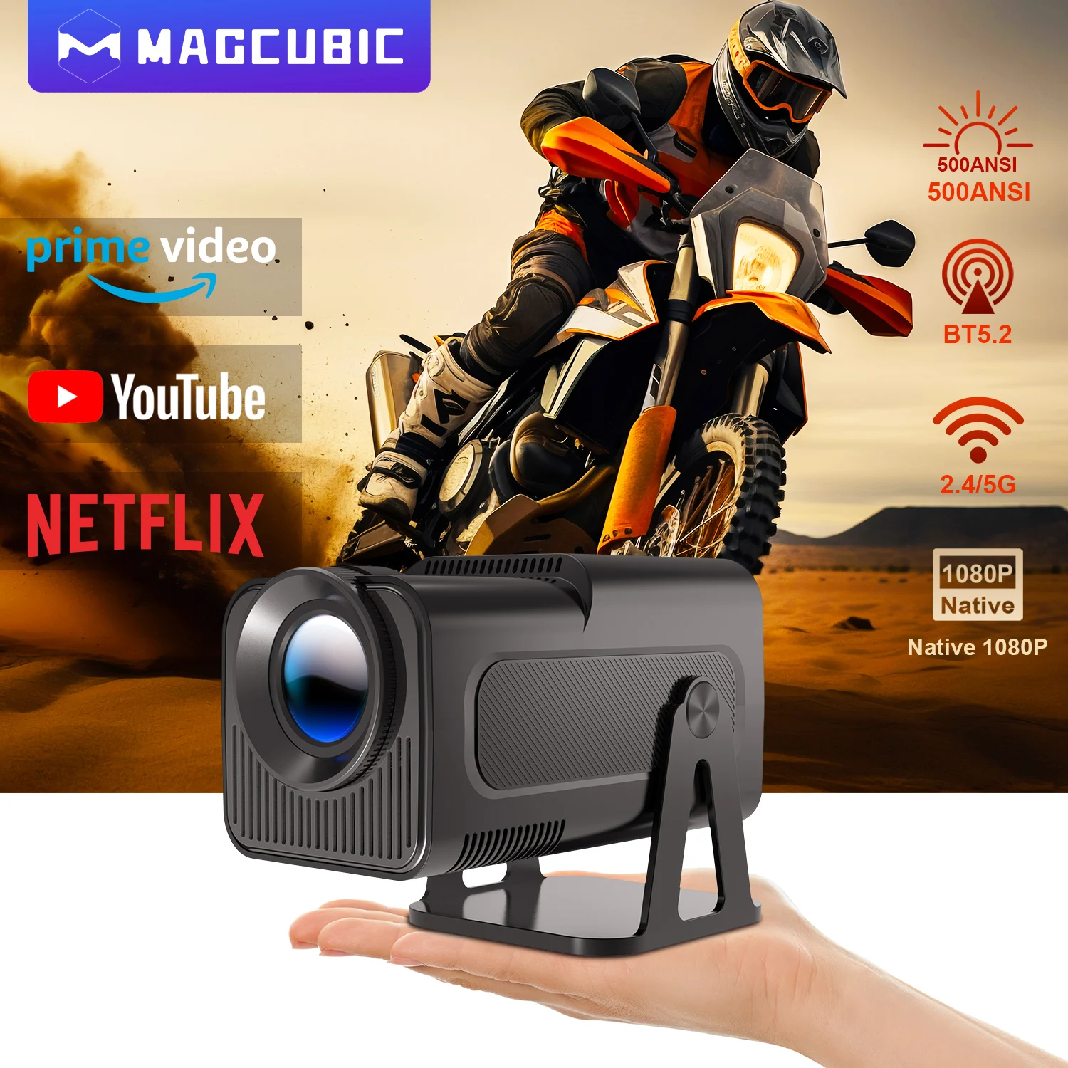 Magcubic HY320 NTV Netflix Proyector Android 13 con licencia oficial con 1080P 500ANSI Prime Video YouTube WIFi BT5.2 Portátil