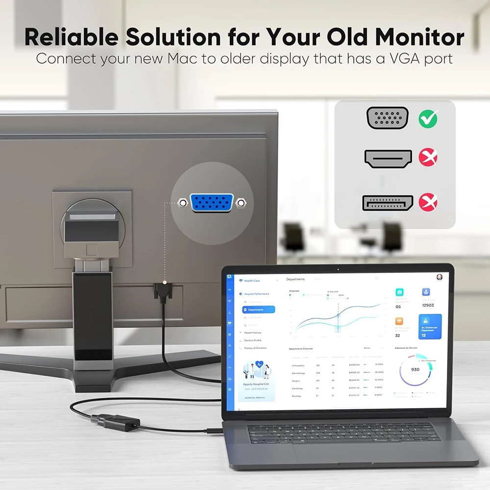 Adaptateur vidéo USB C Thunderbolt3 vers D-SUB VGA 1080P, câble convertisseur noir type-c mâle vers VGA femelle pour projecteur de moniteur d'ordinateur portable - imagen 3