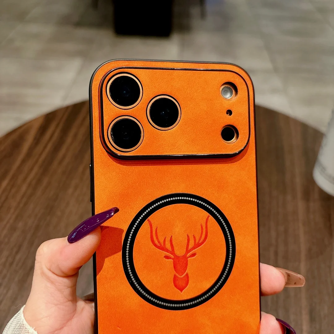 Funda de teléfono con diseño de ciervo de cuero PU de lujo para iPhone 17 Air 16E 15 14 Plus 13 12 11 17 Pro Max para cubierta de carga inalámbrica Magsafe - imagen 4