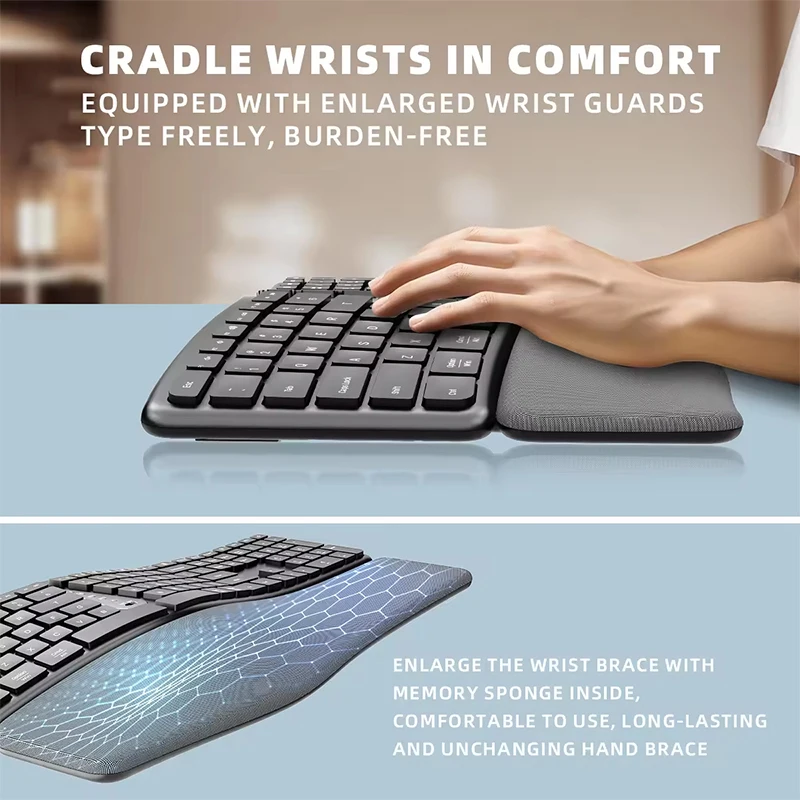 Teclado ergonómico con muñeca acolchada y reposamanos, recargable, multidispositivo, teclado Ergo inalámbrico 2.4G - imagen 4