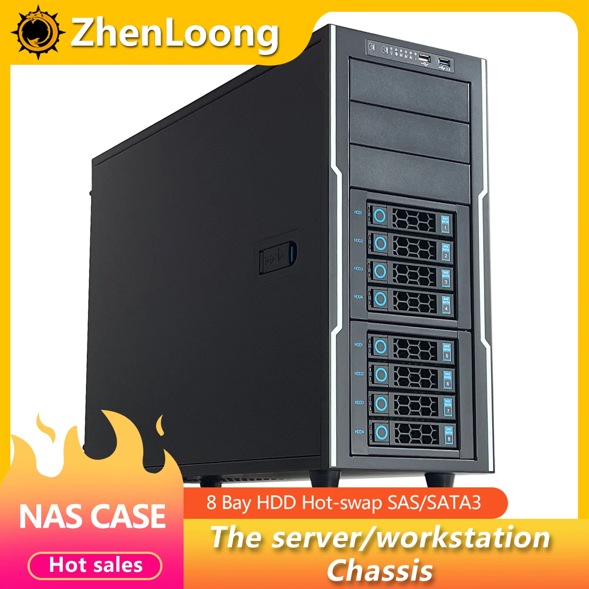 ZhenLoong torre completa 8 bahías disco duro de intercambio en caliente SAS SATA NAS caja servidor GPU estación de trabajo gráfica chasis 12Gb plano posterior SFF8643