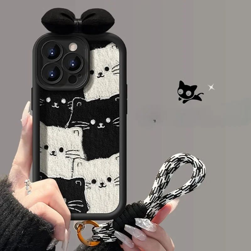 Patrón de gato negro blanco de dibujos animados con funda con cordón colgante para Google Pixel 10 9 8 7 Pro 5G Pixel 7A 8A 9 Pro XL contraportada de teléfono - imagen 4