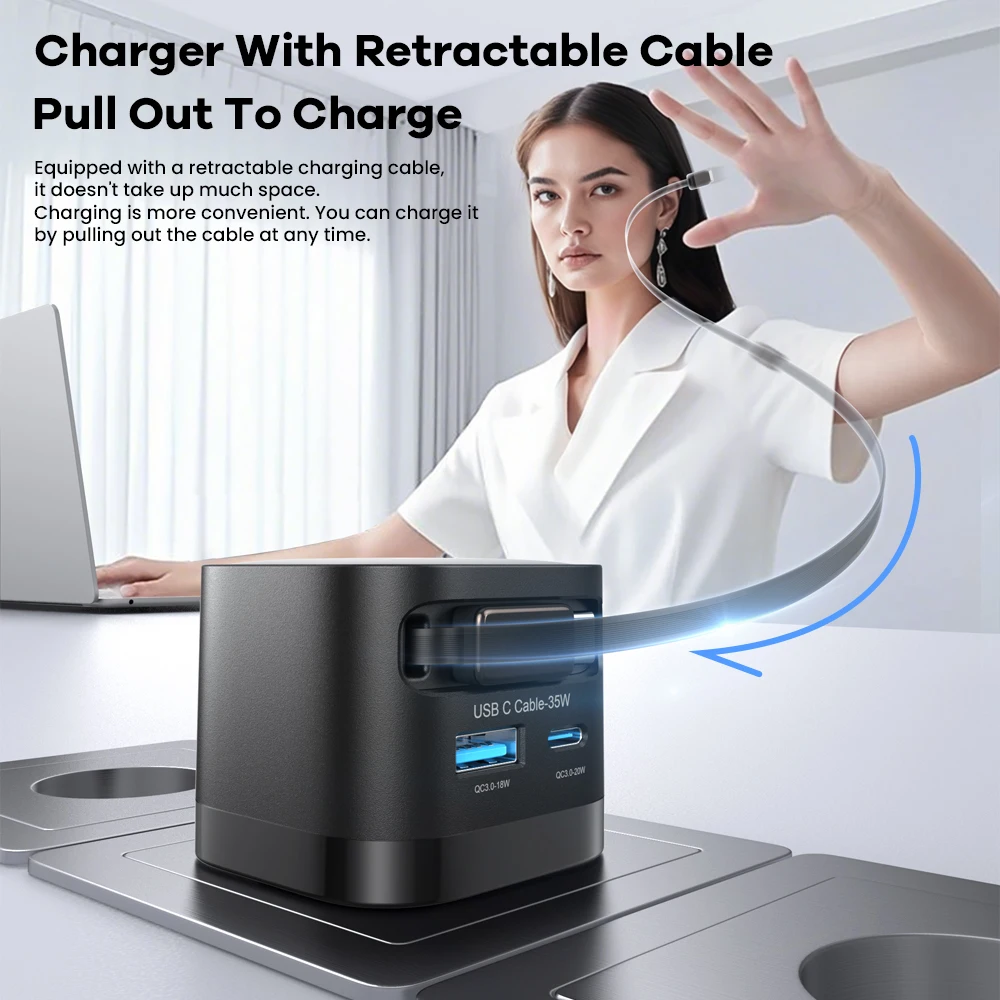 Cargador USB GaN de 35W con Cable retráctil tipo C, cargador rápido de 3 puertos QC3.0 PD3.0 PPS para iPhone 16 15 14 Samsung Xiaomi Tablet - imagen 3