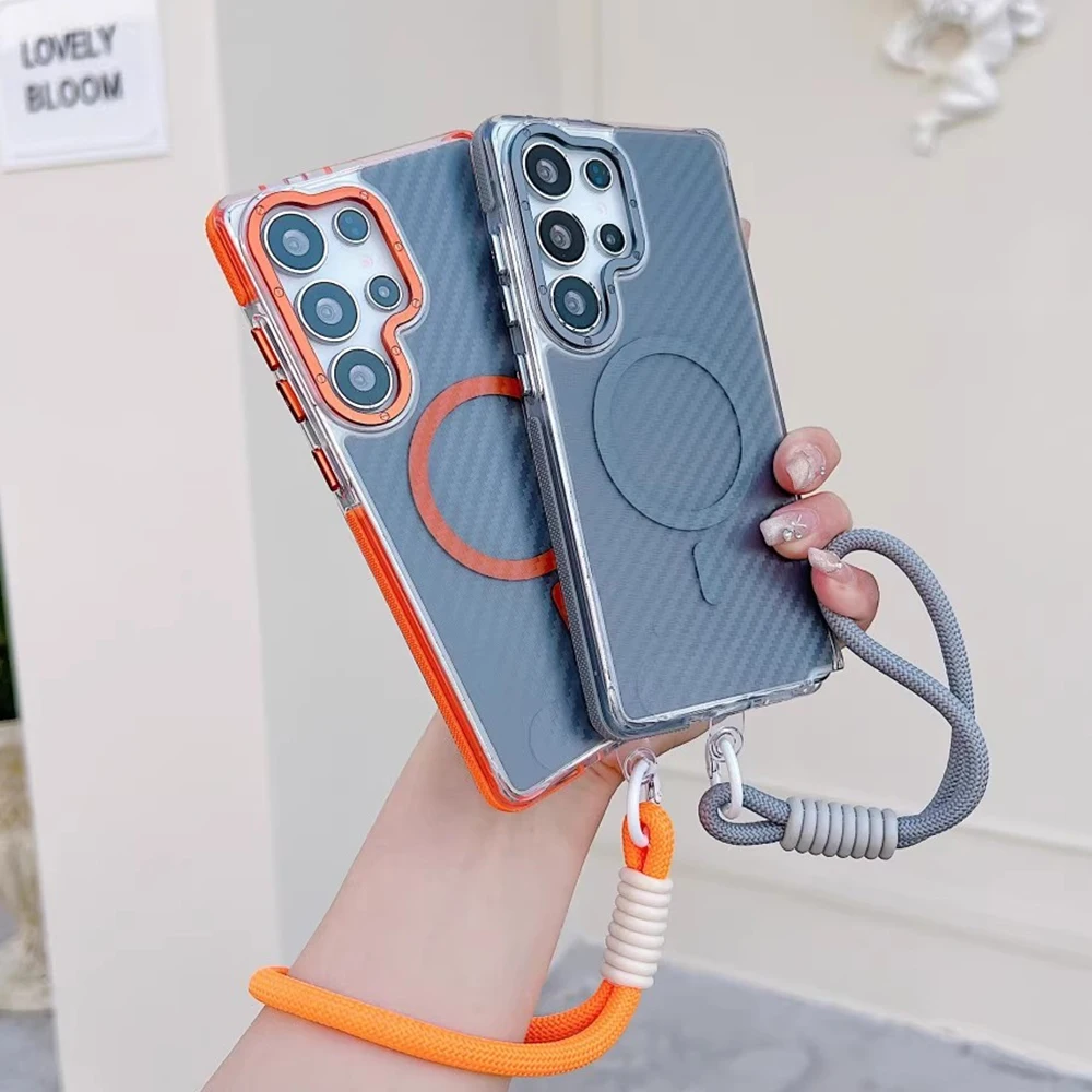 Funda de teléfono magnética de fibra de carbono con cordón de lujo para Samsung S24 S25 Ultra S23 Plus, funda protectora de carga inalámbrica Magsafe - imagen 2