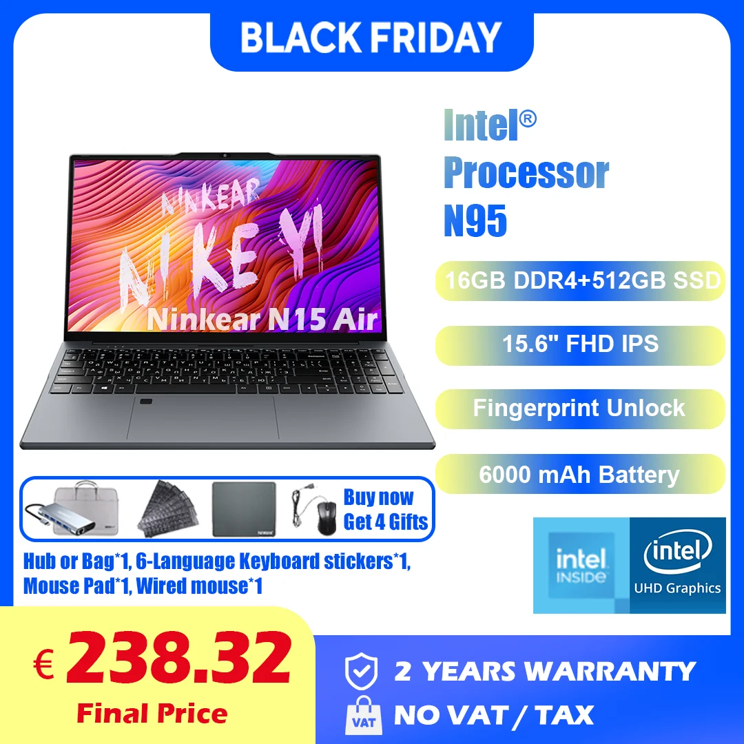 Ninkear N15 Air portátil Intel N95 15,6 'FHD IPS 16GB DDR4 512GB SSD teclado retroiluminado desbloqueo de huellas dactilares Notebook - imagen 2