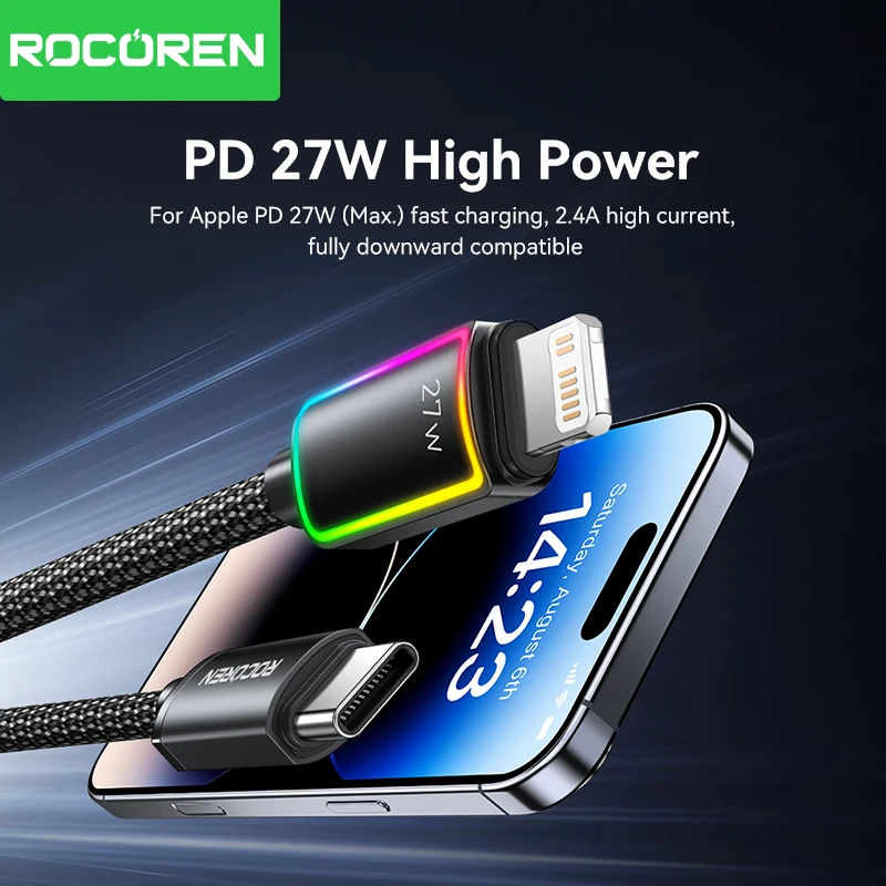 Rocoren PD 27W USB C Cable de datos de iluminación para iPhone 14 13 12 11 Pro Max carga rápida 2.4A USB2.0 Cable de datos para iPad Pro Cable - imagen 2