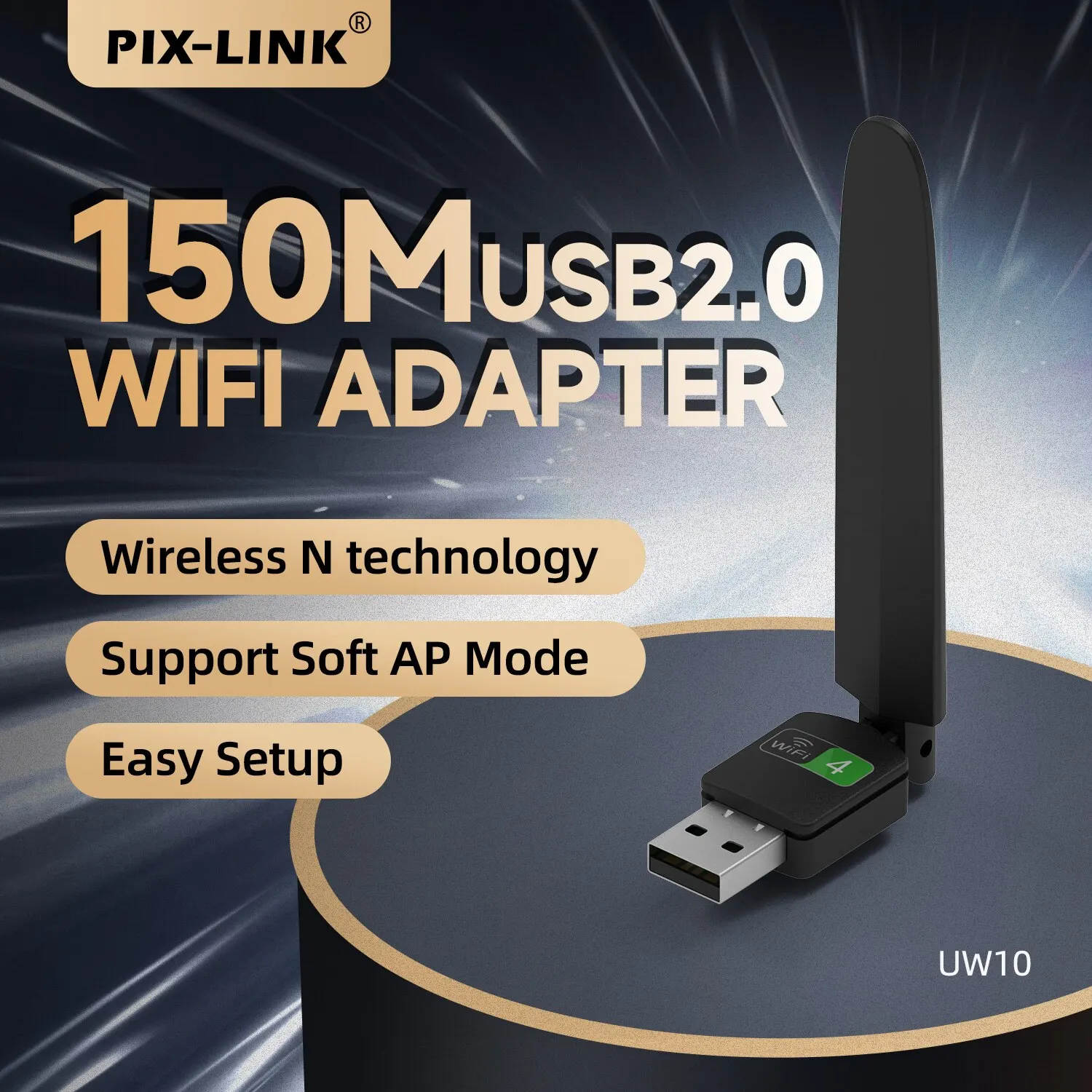 PIX-LINK-tarjeta de red UW10 de 150Mbps, Dongle WiFi USB, adaptador portátil de 2,4 GHz para PC y portátil con antena de alta ganancia