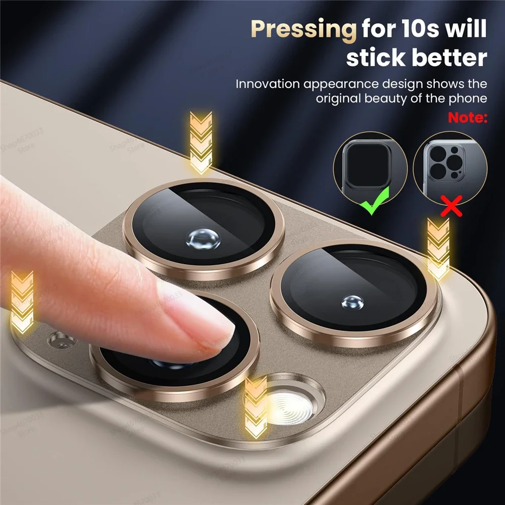 Vidrio de protección de cámara para IPhone 16 15 14 13 11 12 Pro Max Mini cubierta de lente de cristal para IPhone 15 14 16 Plus lente película de anillo de Metal - imagen 4