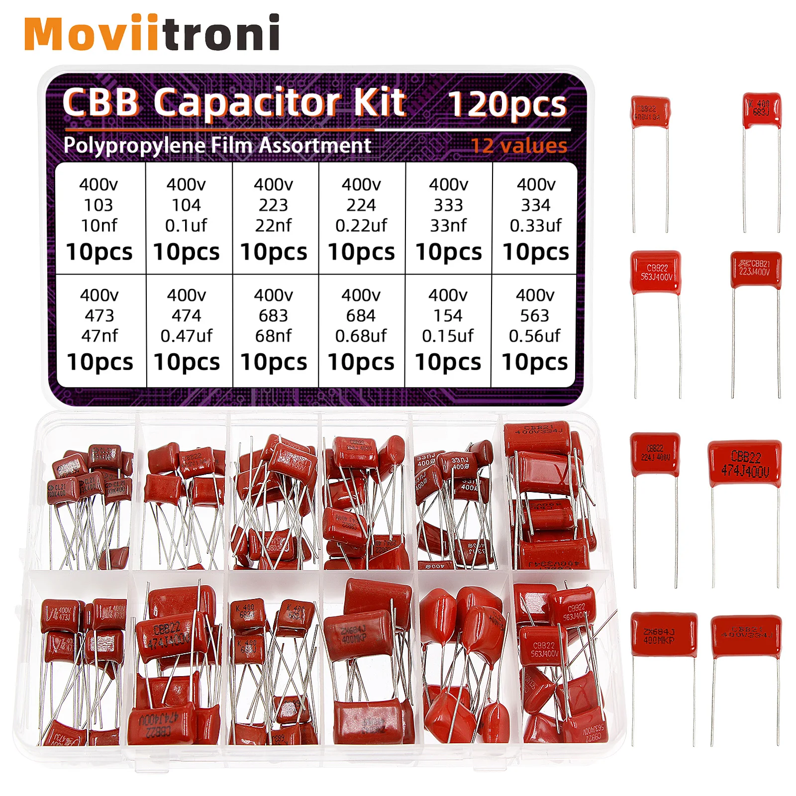 Kit surtido de condensadores CBB de 120 piezas Condensadores de película de polipropileno metalizado
