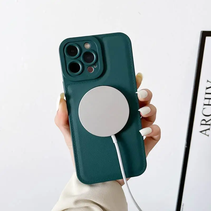 Funda de teléfono con carga inalámbrica Magsafe magnética de lujo para iPhone 13, 12, 11, 14, 15 Pro Max 15 Plus, funda de silicona de cuero a prueba de golpes - imagen 5