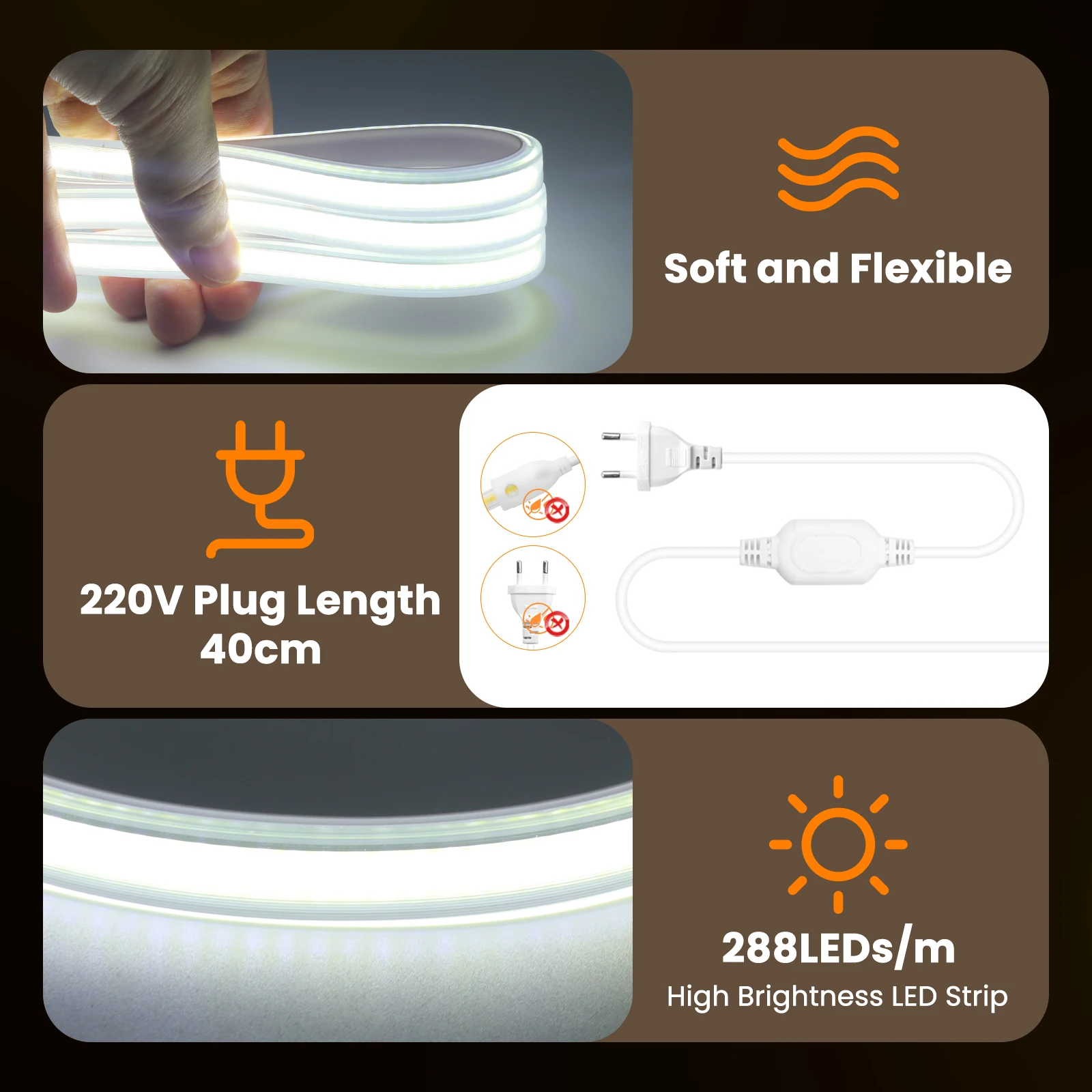 Luz LED Cob de 220V, 288leds/M, impermeable para exteriores, decoración del hogar, tira de luces Led COB de 5/10/50/100M, luces de jardín cortables de 50cm para cocina - imagen 4