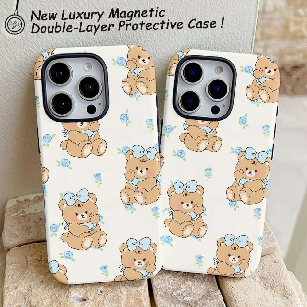 Funda de teléfono con diseño de oso de dibujos animados para iPhone 16, 15, 14, 13, 12, 11 Pro Max Plus, funda trasera magnética de lujo de doble capa - imagen 5