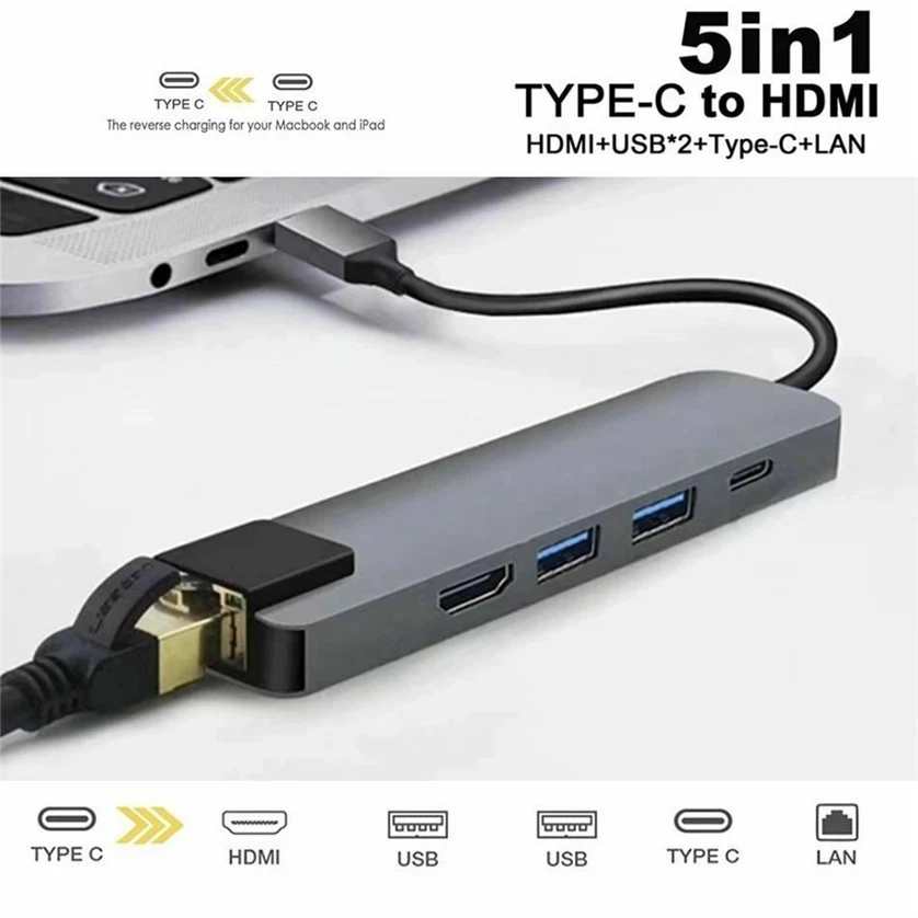 Adaptador 5 en 1 USB C Hub tipo C a 4K HD con red RJ45, adaptador de puerto de cargador Lan Ethernet de 1000M para Macbook Pro