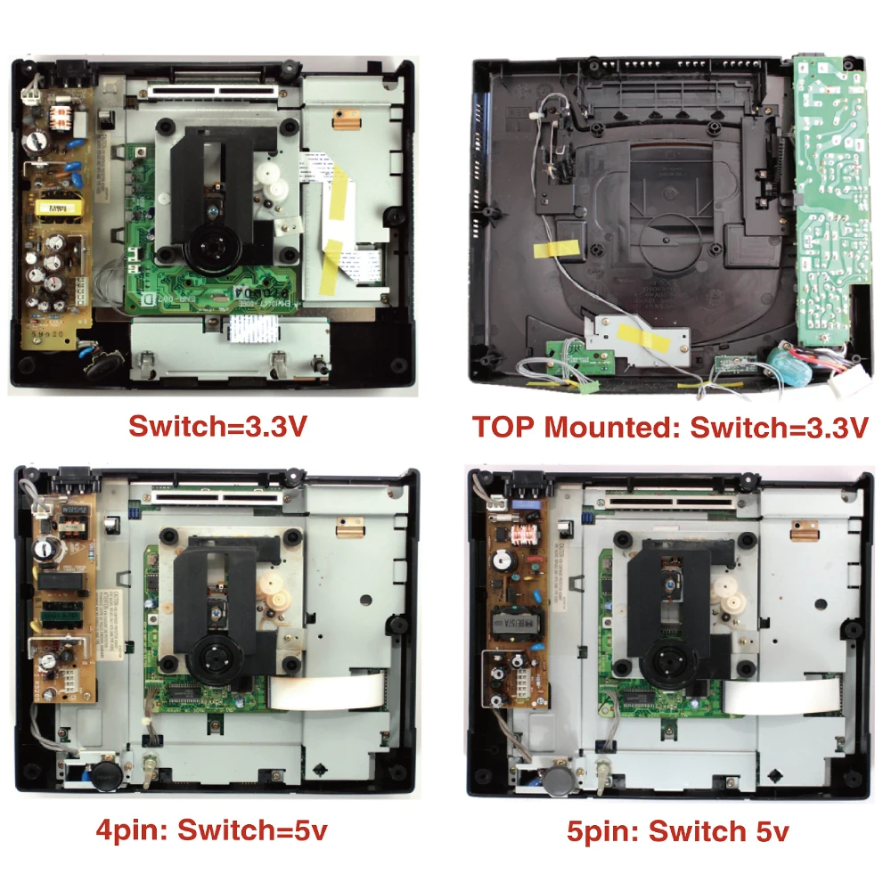 Un dispositivo electrónico desmontado con cuatro interruptores diferentes y un disco giratorio
