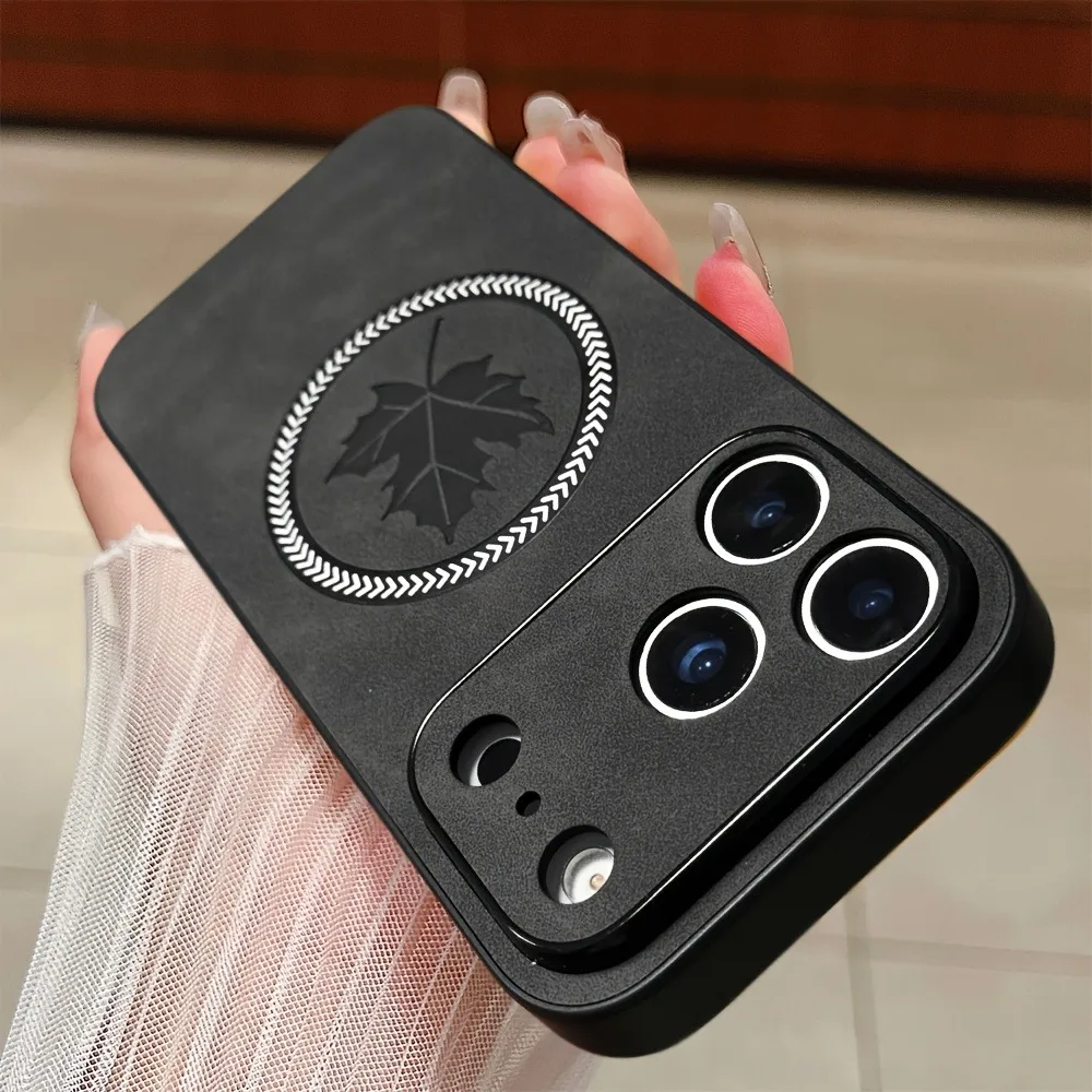Funda de teléfono con patrón de hoja de arce de cuero magnético para iPhone 17 Air 16 15 14 Plus 13 12 Pro Max para fundas de carga inalámbrica Magsafe, funda para iphone 17 16 pro max - imagen 4