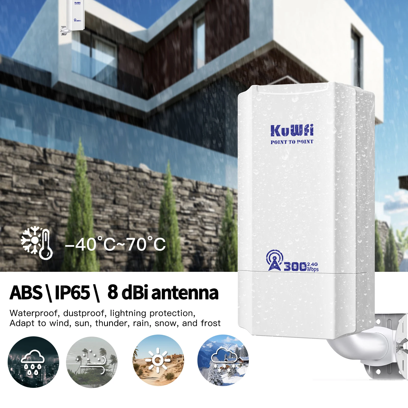 KuWFi 300Mbps 2,4 GHz puente WiFi para exteriores extensor de señal de punto de acceso punto a punto hasta 1KM modo repetidor AP 24V POE IP65 - imagen 3