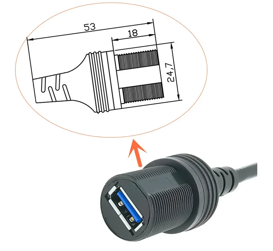 Cable impermeable de montaje empotrado roscado USB C OTG USB C 3,1 macho a USB 3,0 hembra Cable de extensión de montaje en Panel 0,3 M - imagen 5