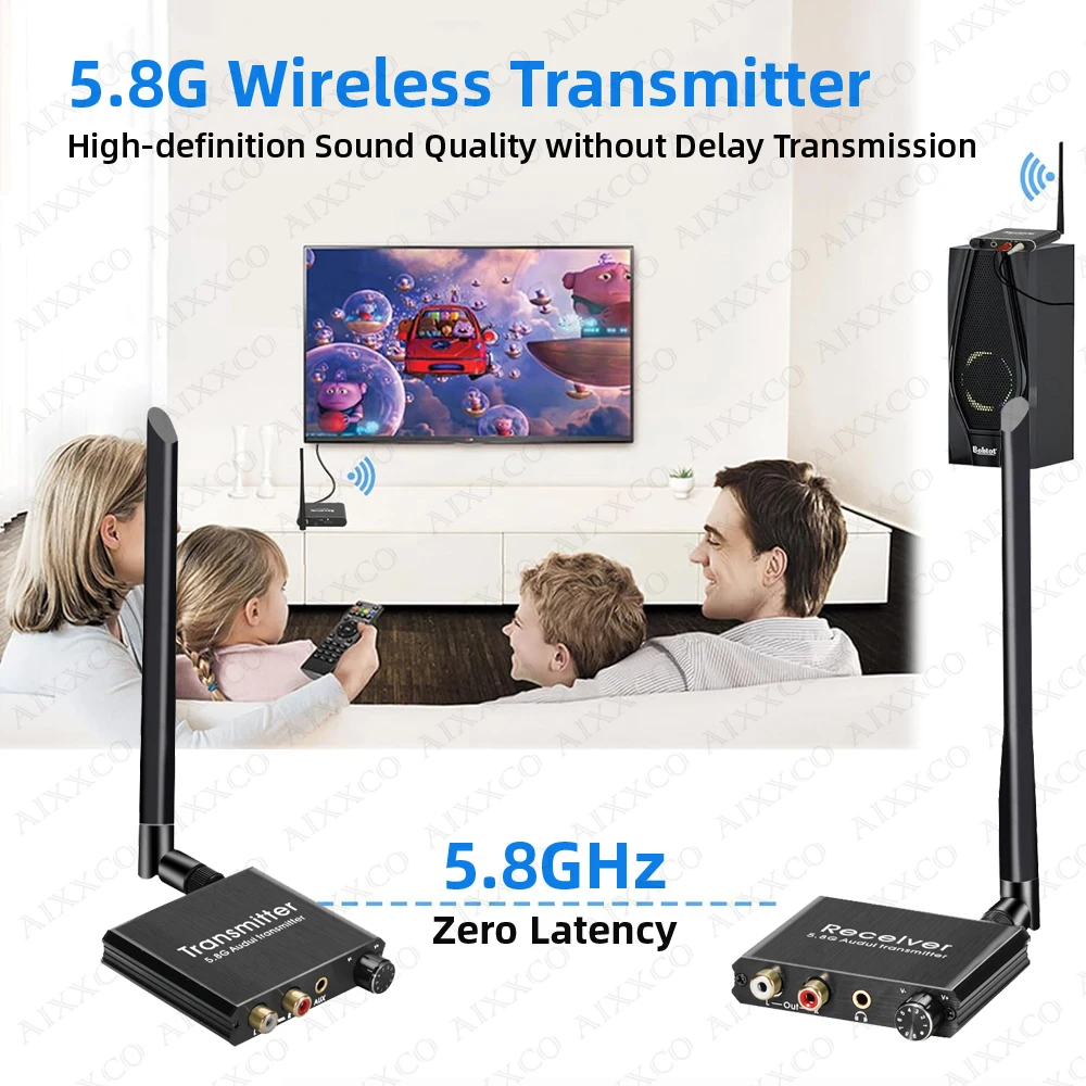 AIXXCO 50 metros 5,8G RCA transmisor y receptor de Audio con adaptador de Audio inalámbrico R/L RCA de 3,5mm para ordenador DVD TV - imagen 5
