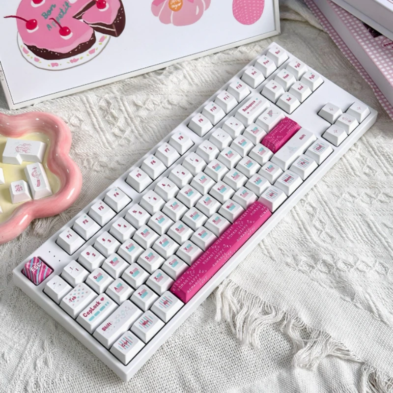 Juego de teclas con tema blanco y rosa, perfil de cereza PBT, 136 teclas, teclas originales personalizadas hechas a mano para accesorios de teclado mecánico, regalo - imagen 2