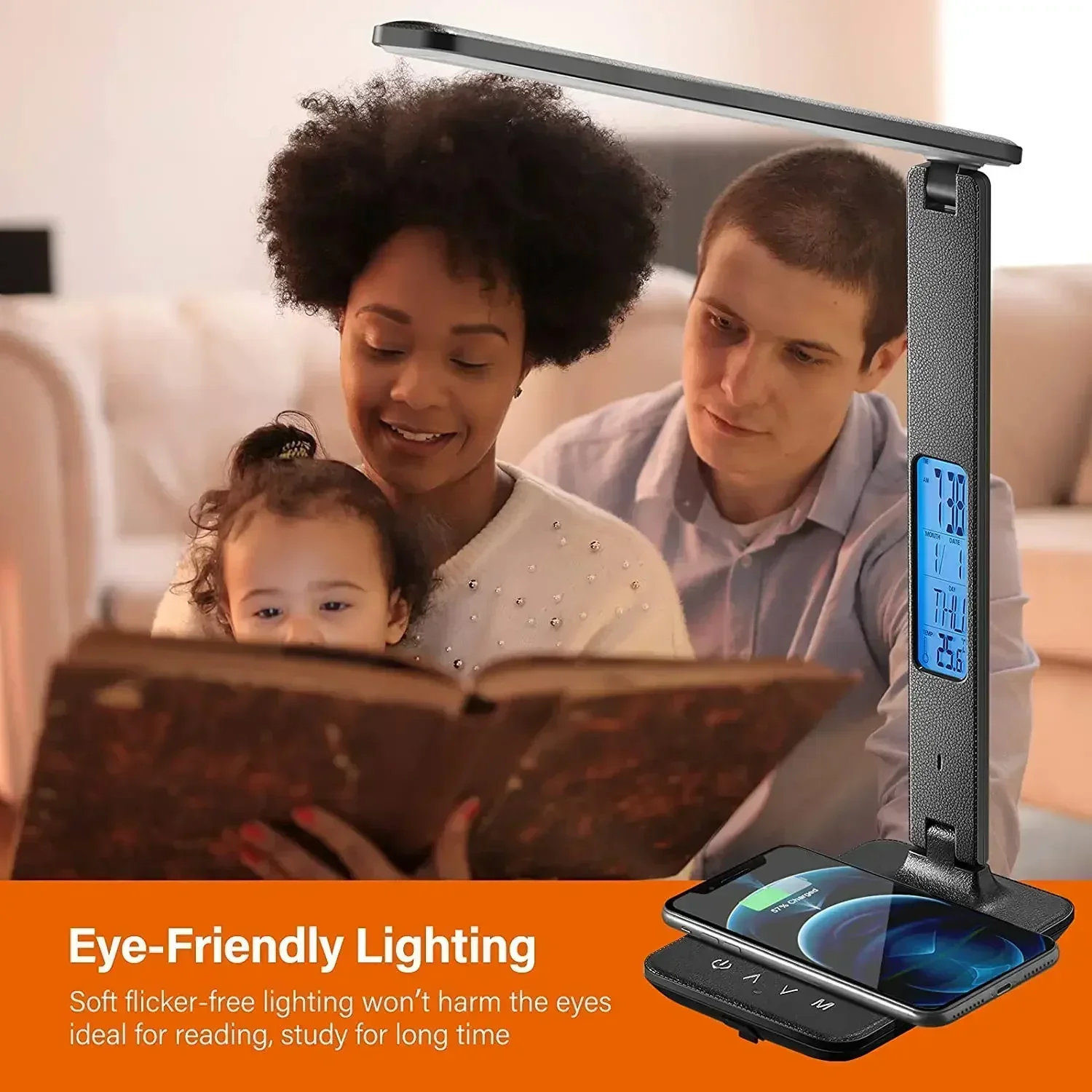 Luz de escritorio con cargador inalámbrico, puerto de carga USB, lámpara de escritorio de oficina regulable con reloj, alarma, fecha, temperatura, lámpara plegable - imagen 5