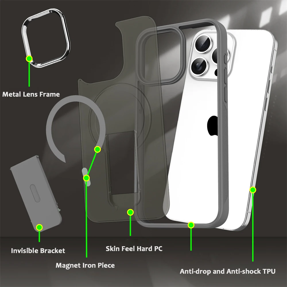 Funda de teléfono magnética con soporte plegable Magsafe de lujo para iPhone 17 16 15 14 Plus 13 12 11 Pro Max, funda trasera translúcida mate - imagen 4