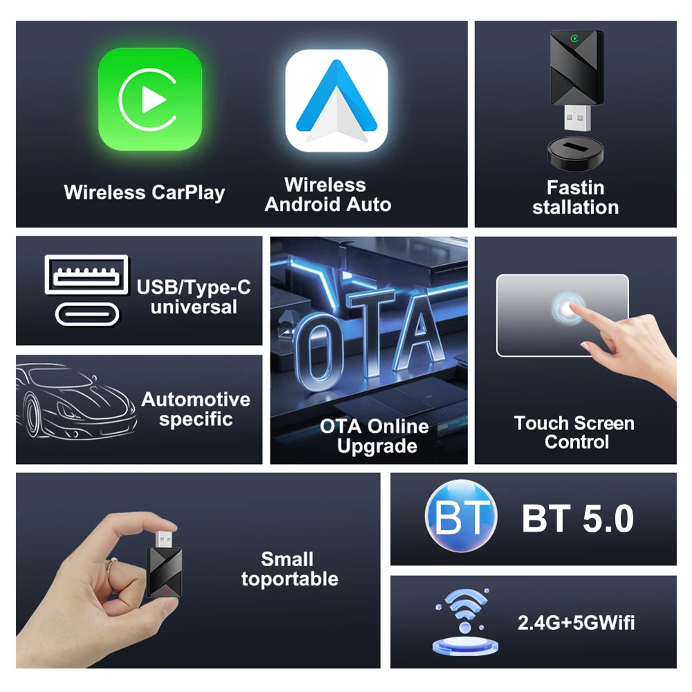 Adaptador inalámbrico CarPlay Android Auto 2 en 1, Dongle USB, Mini caja, adaptador Carplay inalámbrico para coche con cable a Carplay inalámbrico - imagen 5