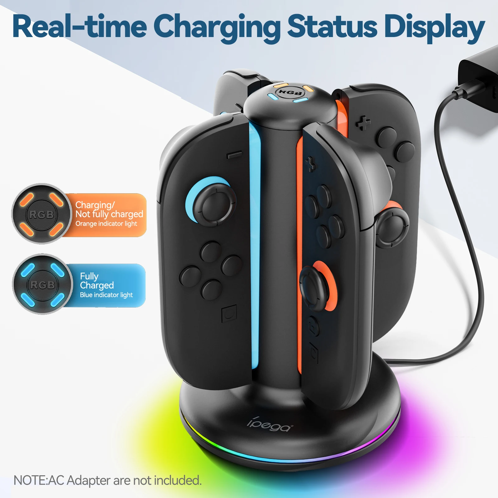 Cargador de controlador Switch 2 para Joy-pad 2 base de carga con 9 modos de luz para estación de carga Switch 2 para N-S 2 con cable USB - imagen 3