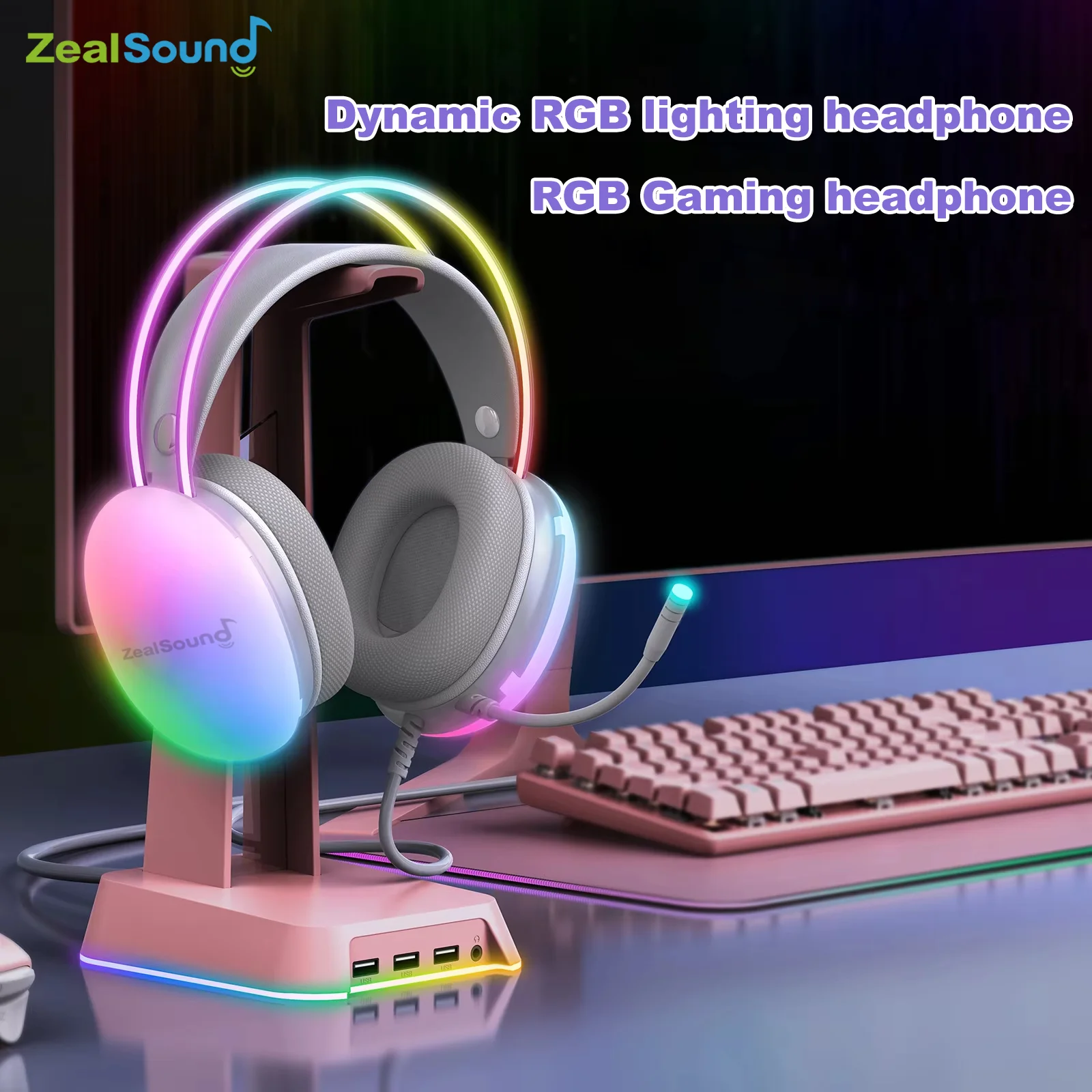 Haomuren RGB USB auriculares para juegos para PC portátil PS4 PS5 auriculares con cable con micrófono bajo envolvente sobre la oreja auriculares con luz completa S600 - imagen 2