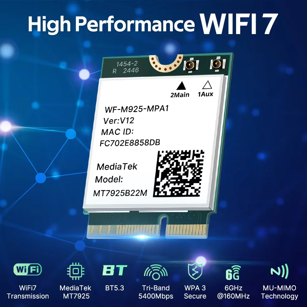 Tarjeta de red MT7925 WiFi 7 5400Mbps para Bluetooth 5,3 Tri Band 2,4G 5Ghz 6GHz M.2 NGFF adaptador inalámbrico para Win 10 Win 11 - imagen 2