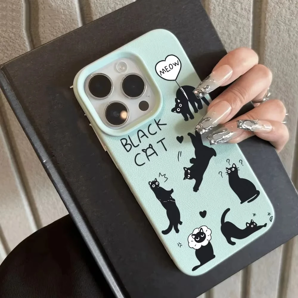 Bonita funda de teléfono de gato negro para iPhone 16 15 Plus, funda para iPhone 17 16 15 11 12 14 Pro Max, funda mate suave de cuero con patrón de lichi - imagen 4