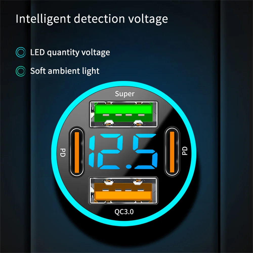 Cargador de coche de 66W USB PD tipo C cargador de teléfono de coche de carga rápida para iPhone 15 Samsung Xiaomi 4 puertos pantalla LED cargador rápido de coche - imagen 4