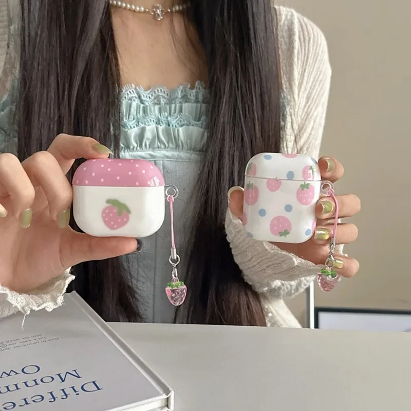 Funda para auriculares con colgante de colisión de Color de puntos circulares de fresa rosa dulce de verano para AirPods 1 o 2 3 4 Pro 2