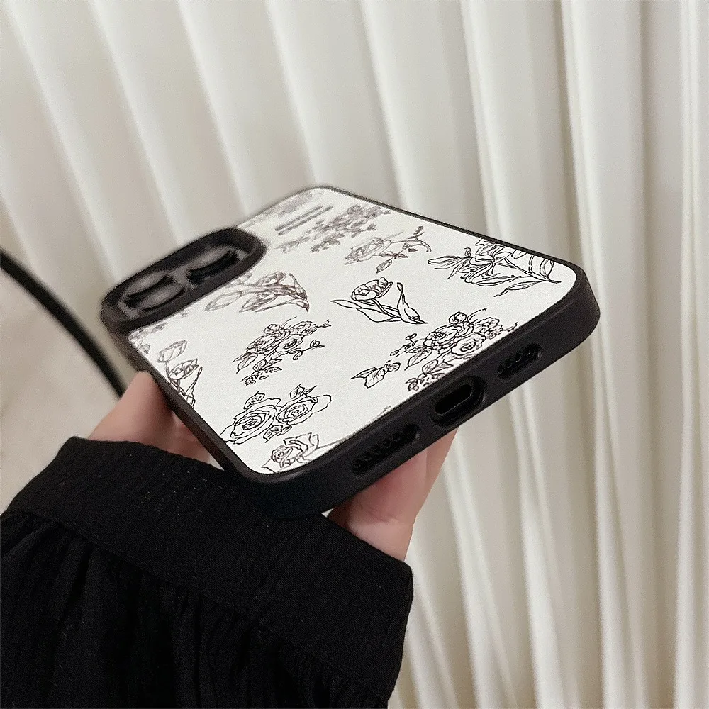 Ins Camelia rosa patrón textura de cuero chapado borde plateado funda de teléfono para iPhone17 16 15 14 13 12 Pro Max cubierta anticaída - imagen 2