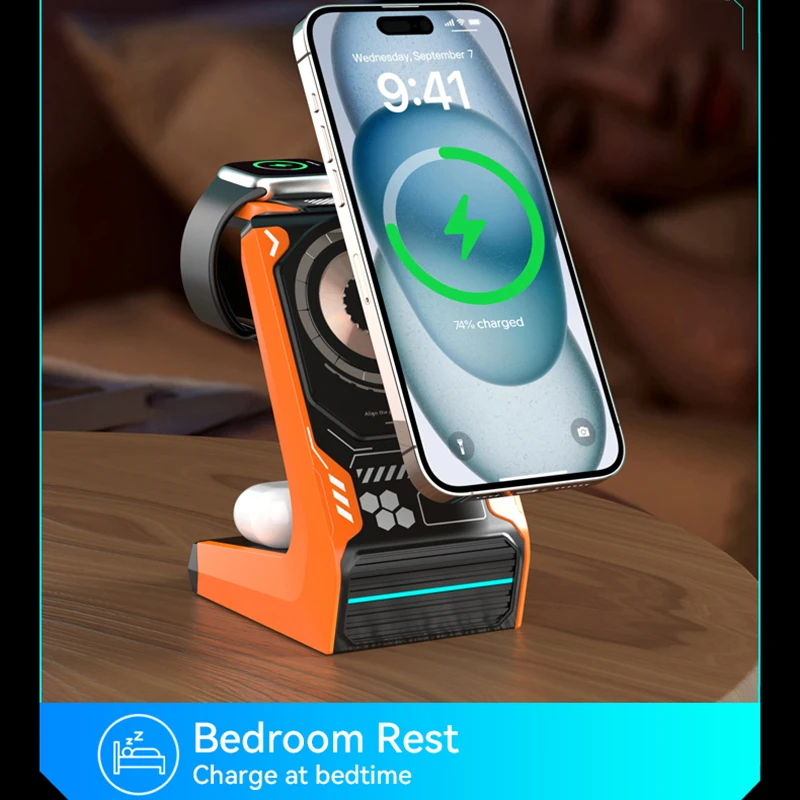 MagSafe-Soporte de teléfono multifunción con carga inalámbrica, 3 en 1, para iPhone, teléfono inteligente, compatible con Air Pods, estilo Apple iWatch Mecha - imagen 4