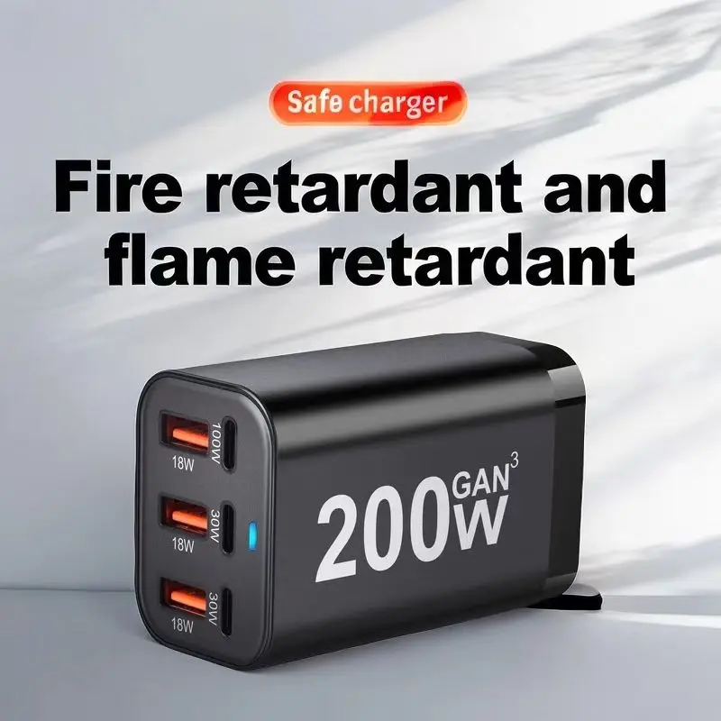 Cargador rápido GaN USB-C de 200 W y 6 puertos: adaptador de corriente ultraeléctrico para iPhone serie 14/13/12 y Samsung Galaxy S23/S22/S21