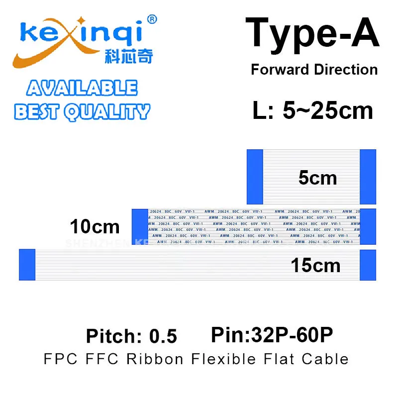 (10 uds) Cable plano Flexible tipo A FFC/FPC de 0,5mm 5/10/15/20/25/30cm de longitud 32P 34P 36P 40P 45P 50P 54P 60P Cable de Pin
