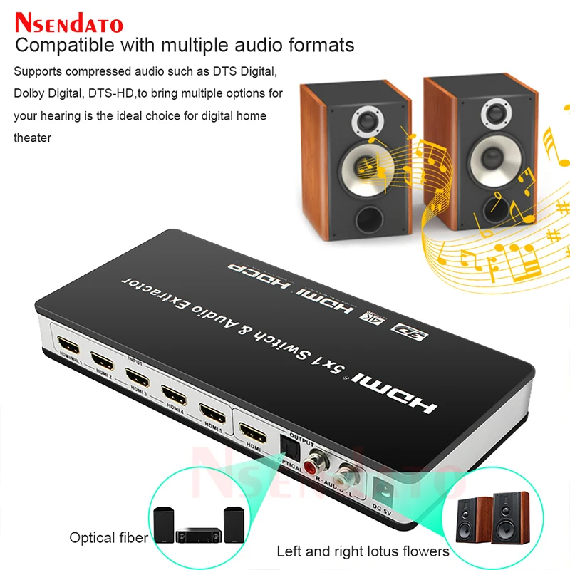 Conmutador HDMI 5X1 con Extractor de Audio Conmutador HDMI 5 en 1 salida 4K con interruptor HDMI de Audio R/L Extractor de Audio ARC con control remoto IR - imagen 5