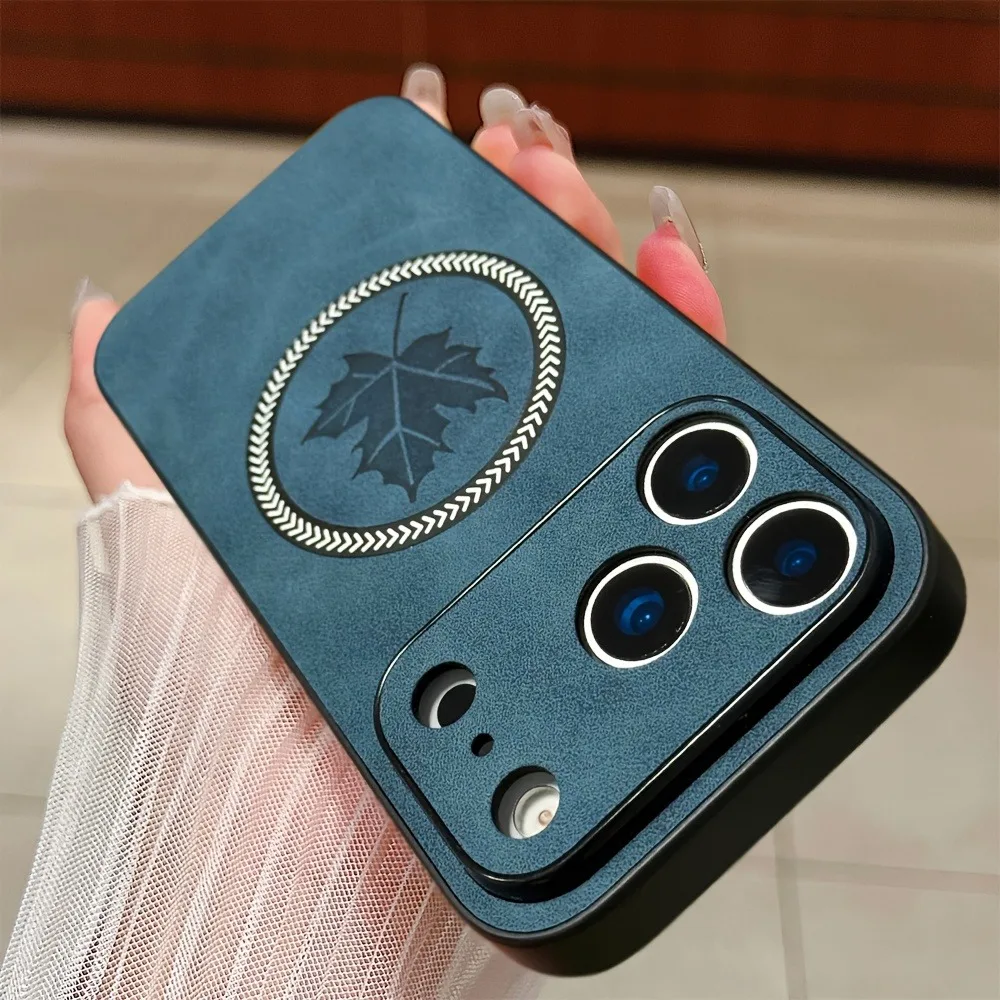 Funda de teléfono con patrón de hoja de arce de cuero magnético para iPhone 17 Air 16 15 14 Plus 13 12 Pro Max para fundas de carga inalámbrica Magsafe, funda para iphone 17 16 pro max