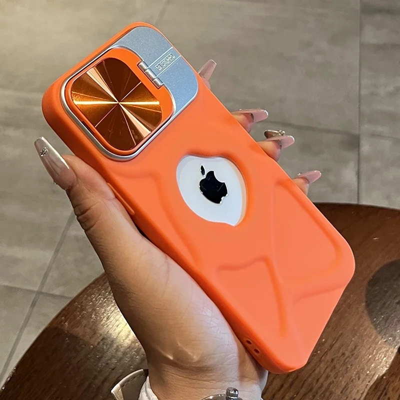 Funda con orificio para logotipo y soporte de lente abatible de lujo para iPhone 16 15 13 11 14 12 Pro Max 15 Plus Magsafe, funda con soporte Invisible suave de silicona - imagen 4