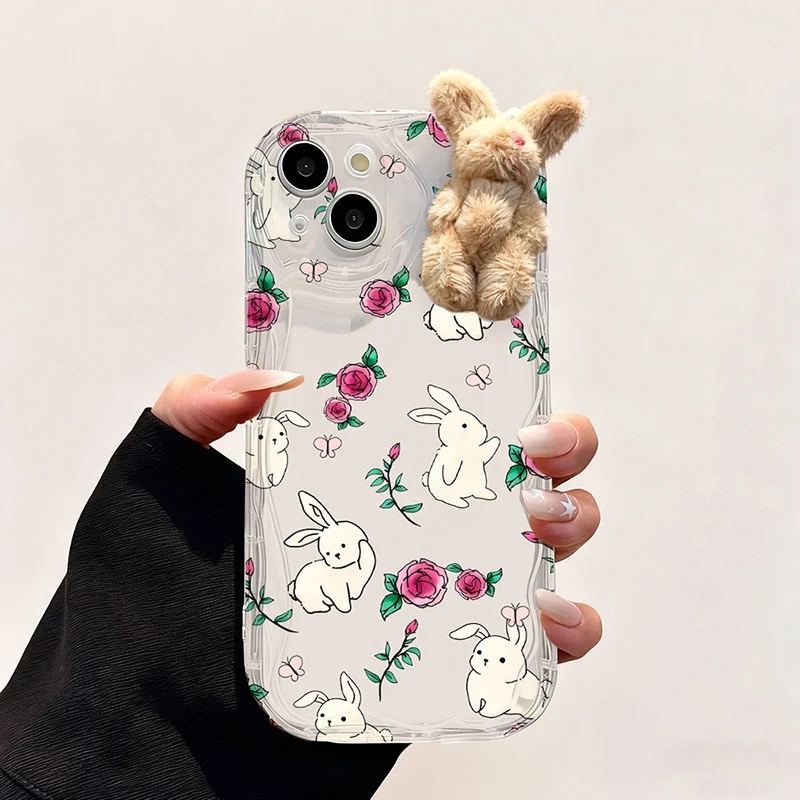 Funda con patrón de conejo para iPhone 12 11 Pro Max 8 7 6 6s Plus XS Max XR X SE 2020 13 12 Mini 3D Girl Rose Lotus Leaves Cover