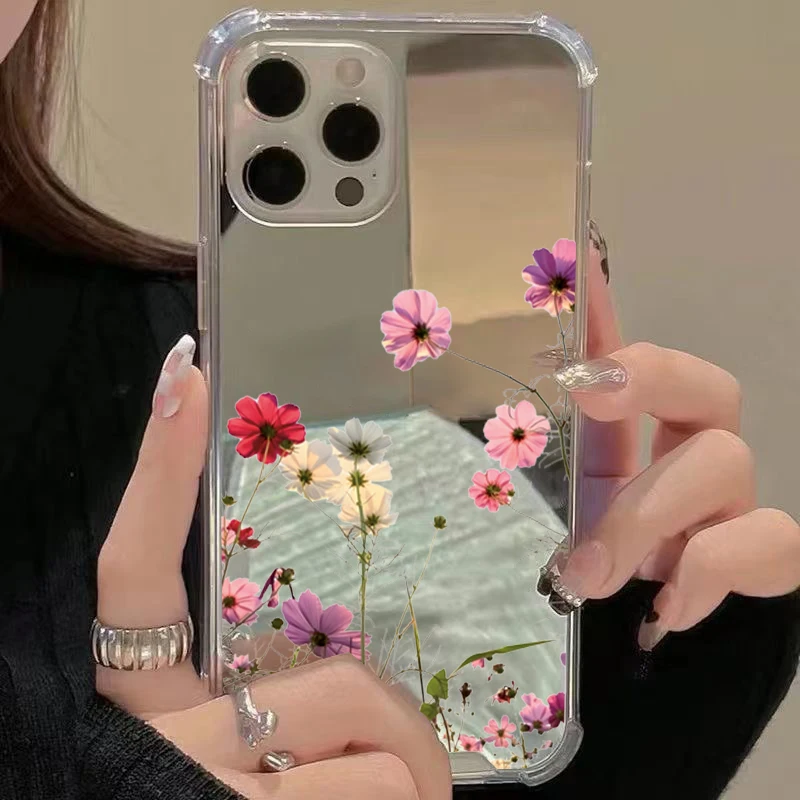 Funda de teléfono con espejo de flores para iPhone 16 17 Pro Max 15 14 13 12 11 Pro XS X XR 7 8 Plus espejo de maquillaje cubierta suave a prueba de golpes - imagen 4
