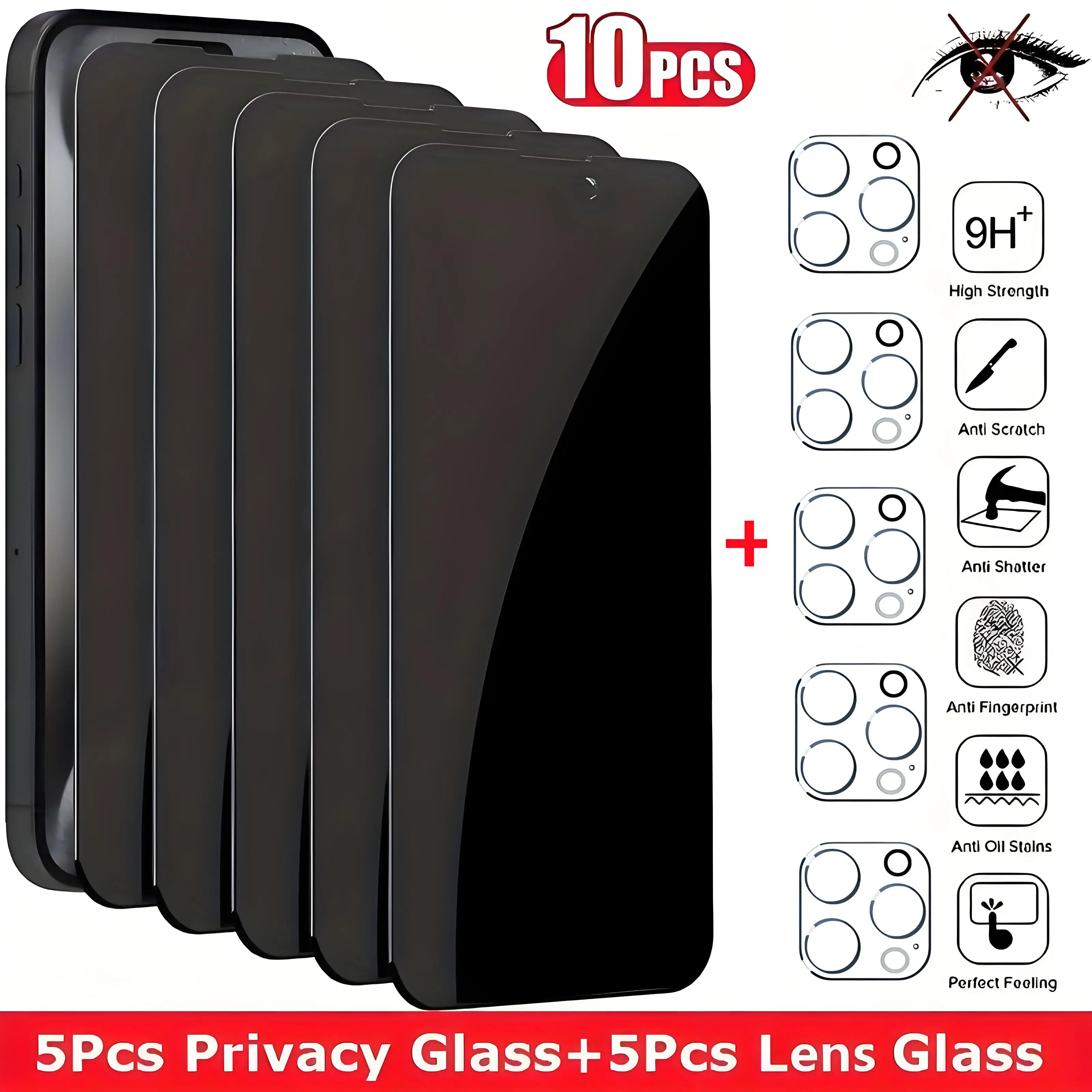 Protector de pantalla de vidrio templado antiespía 10 en 1, 5 uds., lente de cámara HD de 5 uds para iPhone 11 12 13 14 15 16 Pro Max 16 Plus 16e