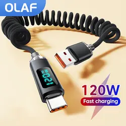 Cable USB C a tipo C retráctil con resorte de pantalla Digital de 120W para iPhone 15 16 Samsung Huawei Cable USB tipo C de carga rápida