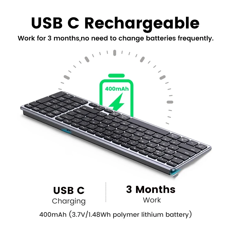 Teclado inalámbrico Bluetooth 5,0, 2,4G, inglés, 102 teclas para MacBook, iPad, tableta, teclado recargable USB C, accesorios para PC - imagen 3