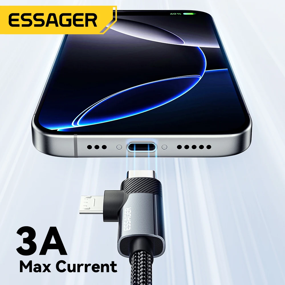 Cable Essager tipo C a tipo C 65W codo de 90 grados carga rápida para iPhone 16 Xiaomi USB C a Micro Cable de carga de juego - imagen 2