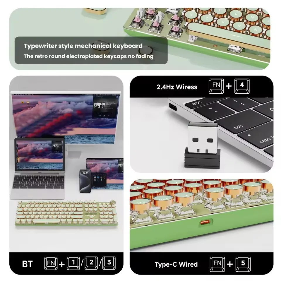 EWEADN-Teclado mecánico V20, máquina de escribir Retro Punk, inalámbrico, tres modelos, 104 teclas, teclas redondas, retroiluminado blanco, ordenador de oficina silencioso - imagen 4